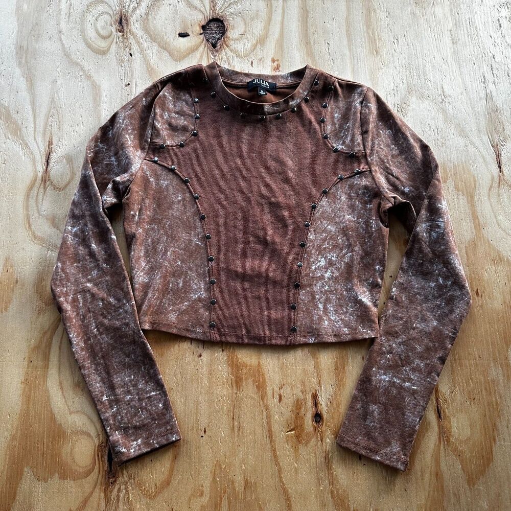 Julia by Love J Brown Acid Wash Studded Cropped Long Sleeve Top - Size M